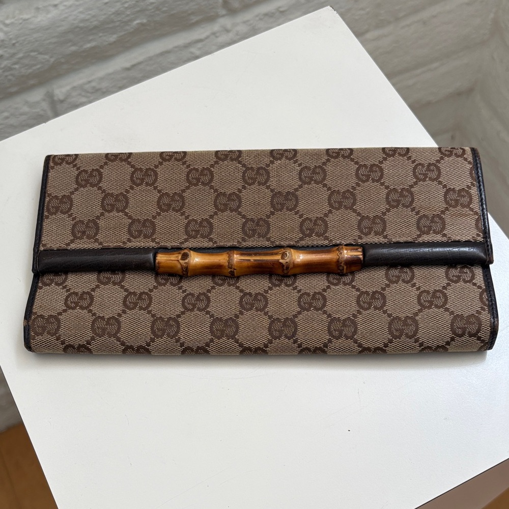 Gucci Brown GG Monogram Continental Clutch with Bamboo Bar